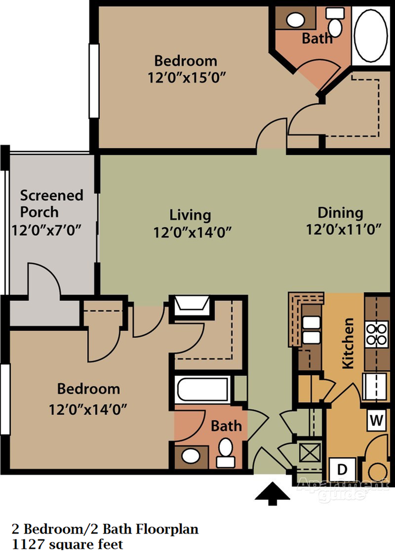 Floor plan for 2 beds, 2 baths, 1127 sqft